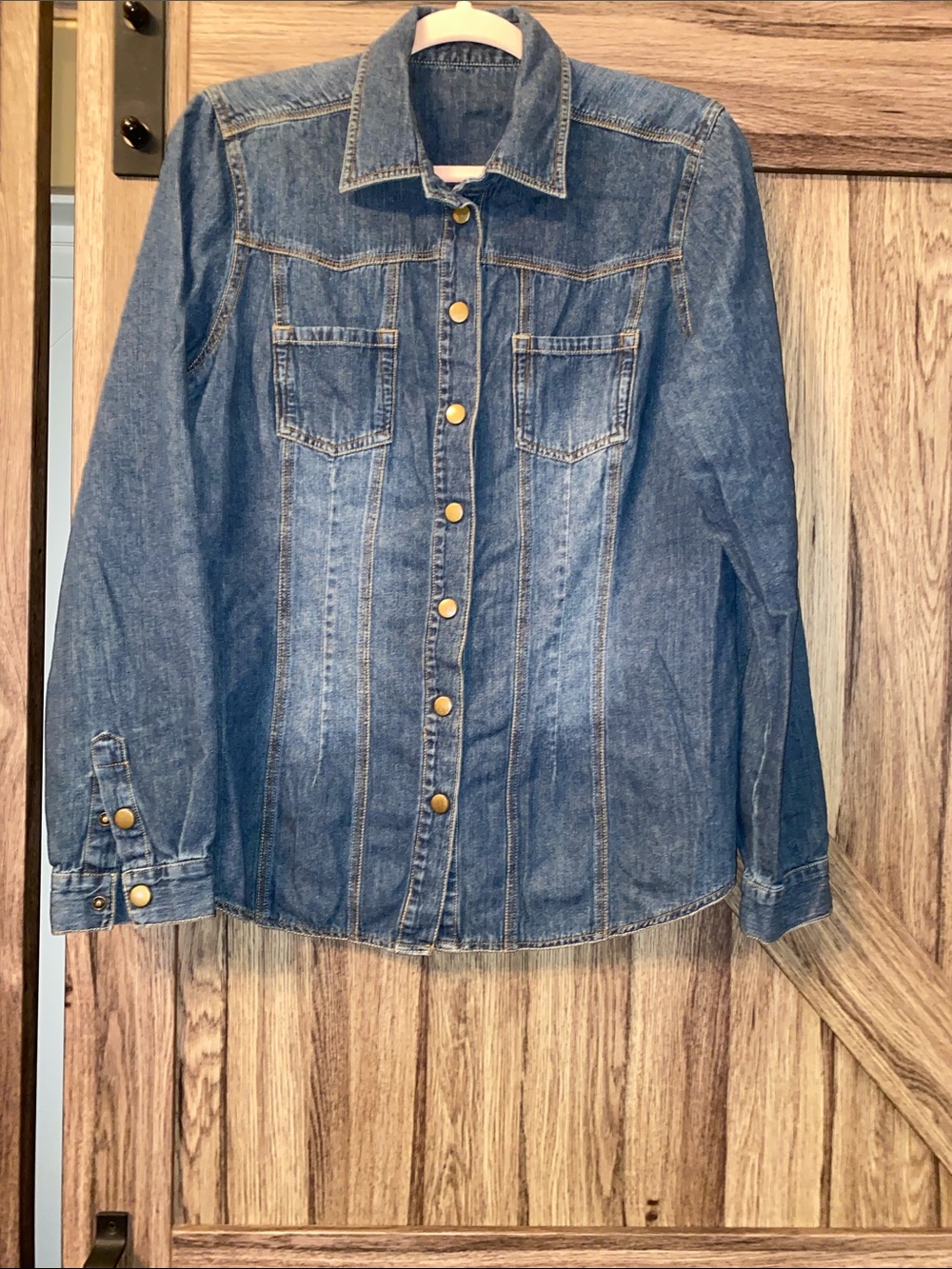 Vintage 80s 90s Dark Wash Denim Button Down Shirt Jacket Brass Star Snaps